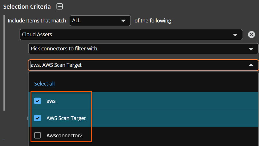 Displays AWS Connector from the Selection Criteria of a Smart Rule.