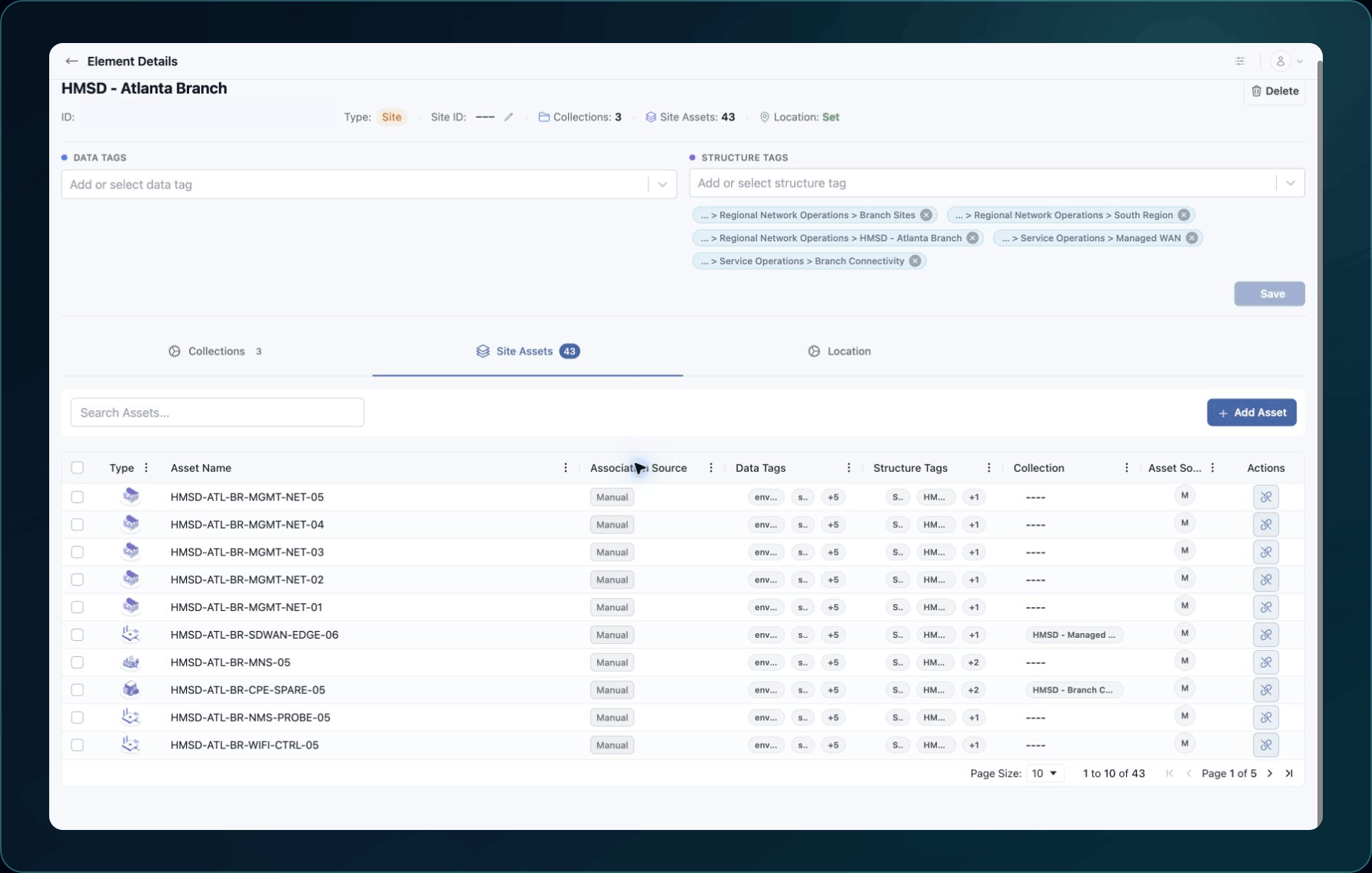 Site Assets tab showing Structure Tags, search, Add Asset, association source, and detach actions.