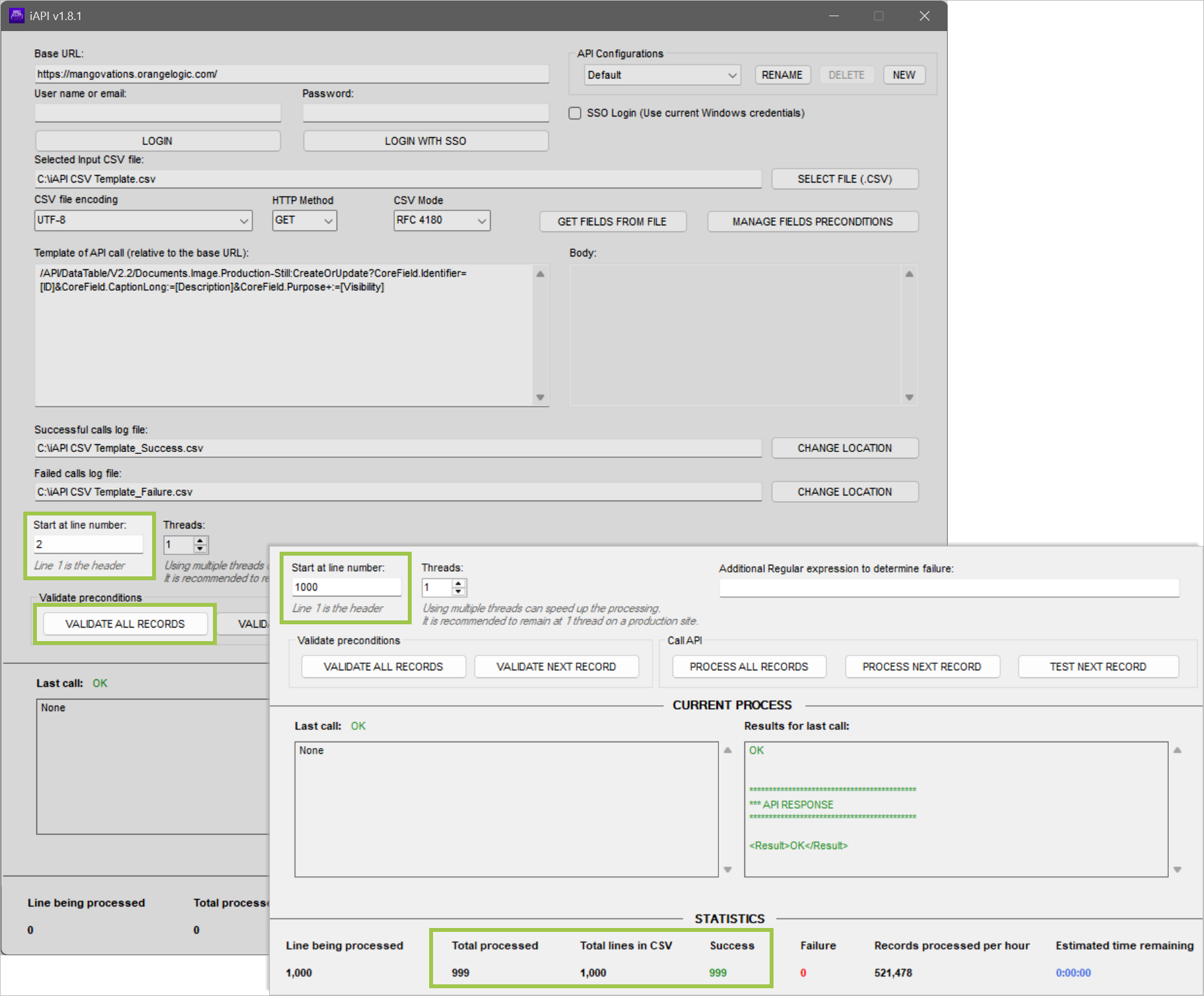 Validating records advances the start line and shows how many records were successfully identified