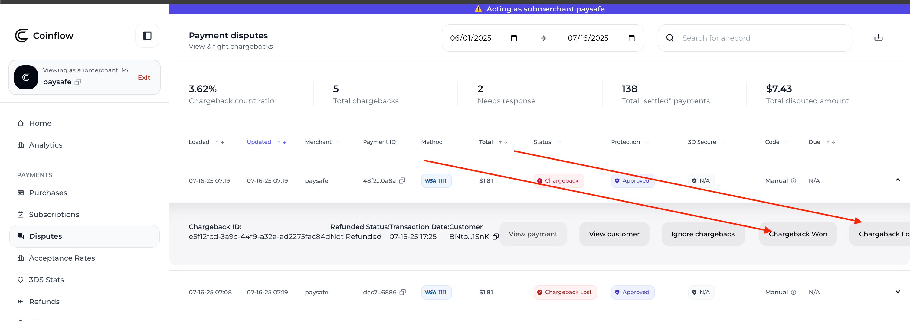 How to force a chargeback outcome (Note: this action is only allowed on sandbox for testing)