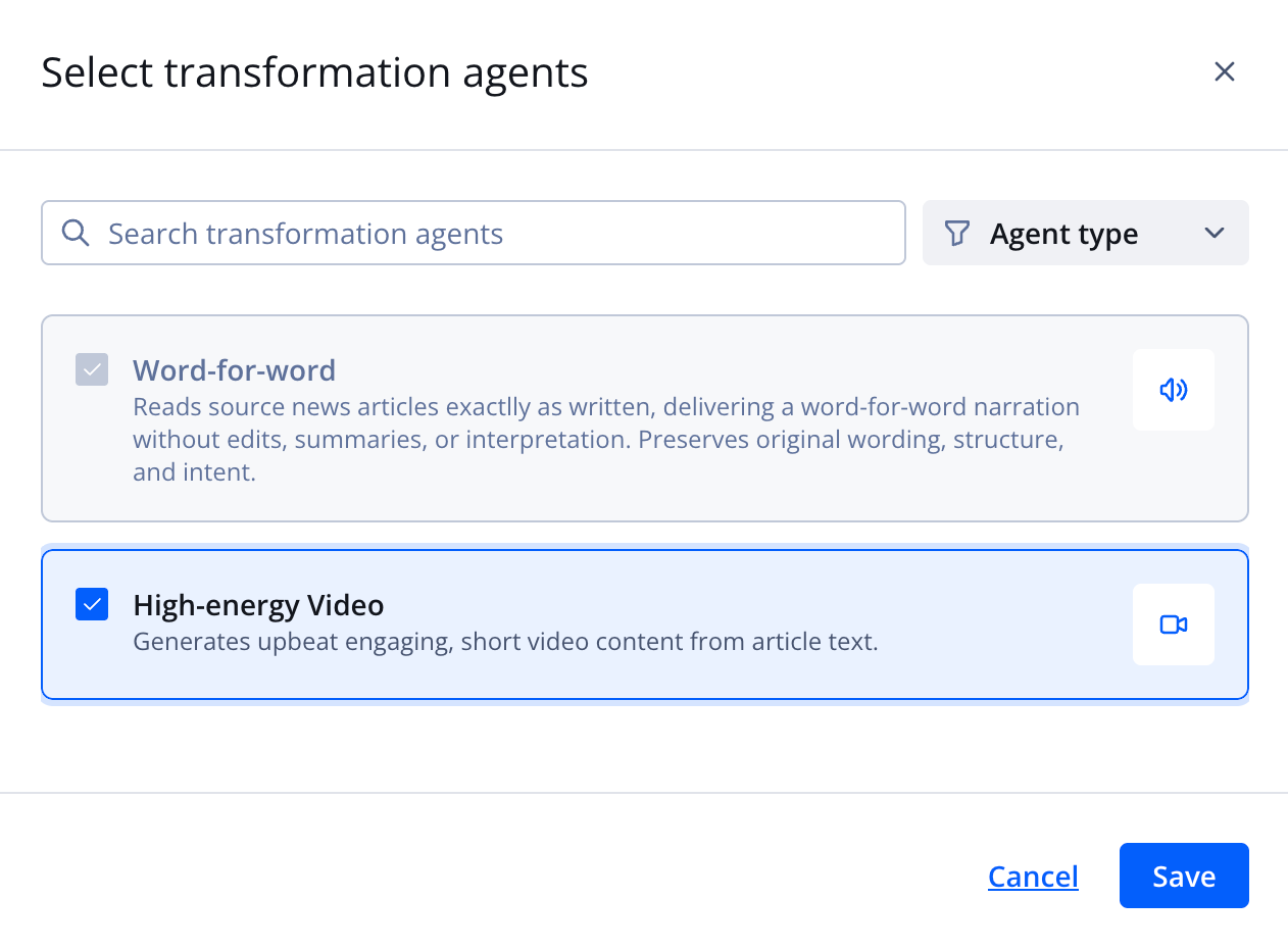 Select transformation agents panel