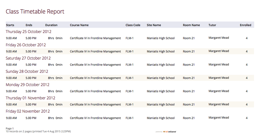 Figure 310. Class Timetable Report