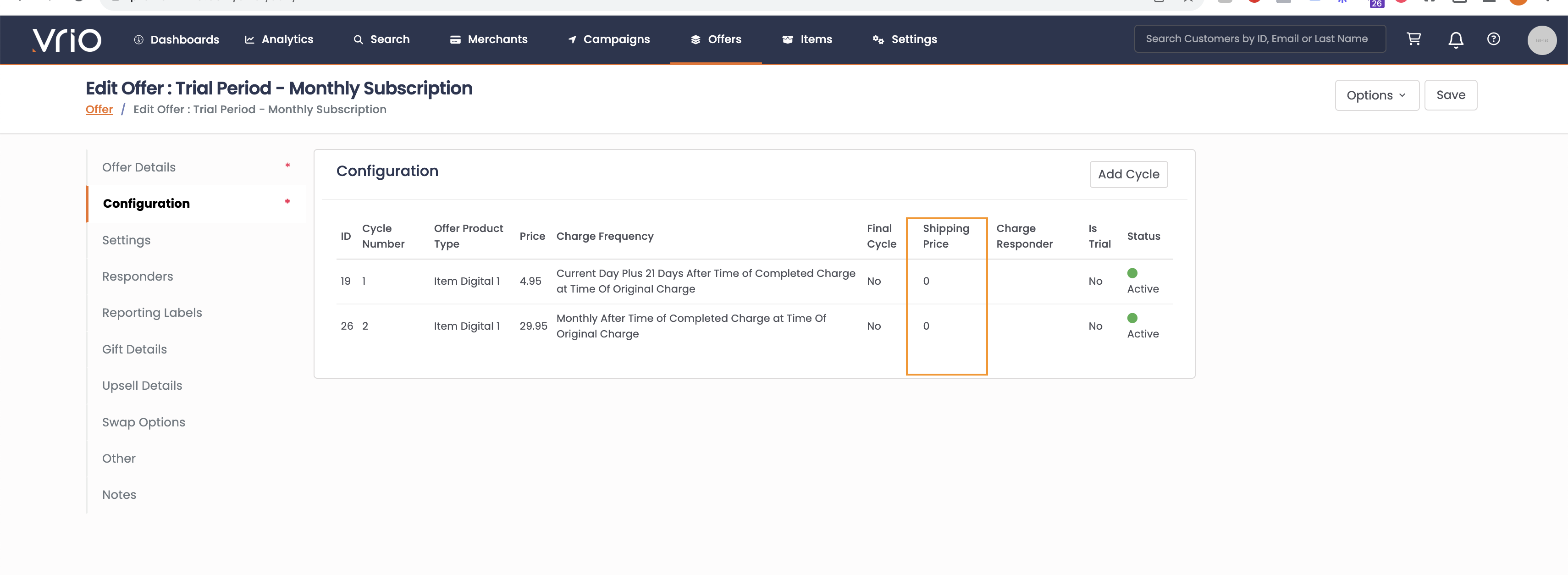 Setting a shipping price on an Offer cycle