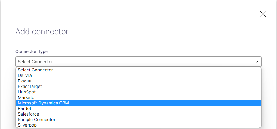 Screenshot of the Add connector view where selecting a marketing automation connector type