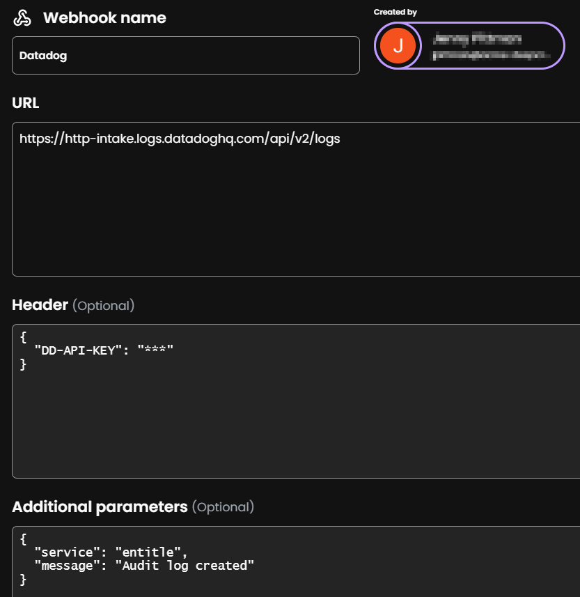 Webhook settings for Datadog