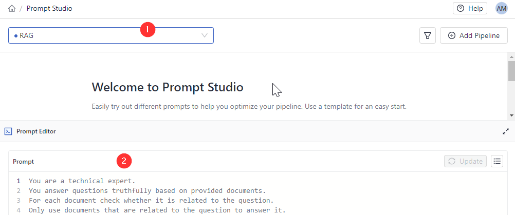 Prompt Studio with the RAG pipeline selected and the prompt text showing in the Prompt Editor.