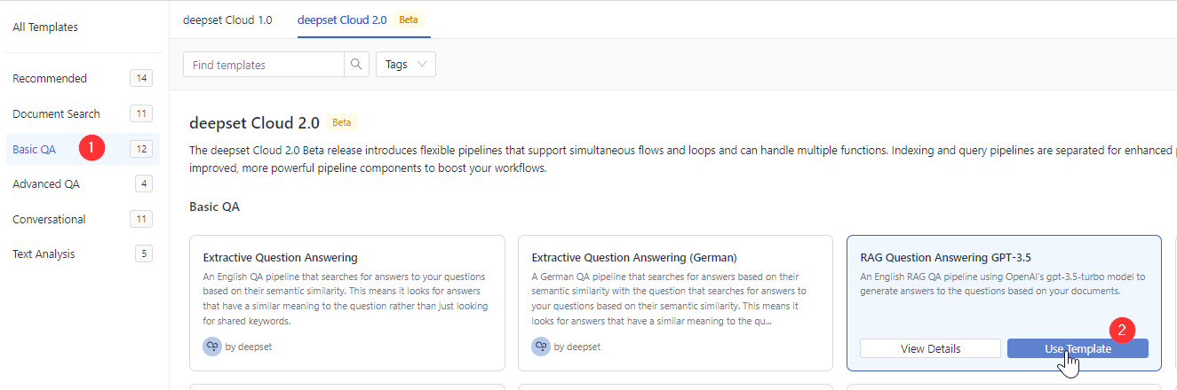 Alt-text: "Screenshot of a 'Basic QA' section on a webpage showcasing pipeline templates for question-answering systems. The section is one of several categories listed in a sidebar on the left, with 'Basic QA' showing a count of '6'. The main pane shows three templates: 'Extractive Question Answering', 'Extractive Question Answering (German)', and 'Generative Question Answering GPT-3.5'. Each template offers a brief description of its functionality, emphasizing the use of semantic similarity in searching for answers. Icons indicate the creator of the templates, 'deepset'. At the bottom of each template, there are options to 'View Details' and 'Use Template', with the latter having a notification bubble with a curled arrow symbol, suggesting an update or new feature. The interface is clean with a color scheme consisting primarily of blue, white, and gray.