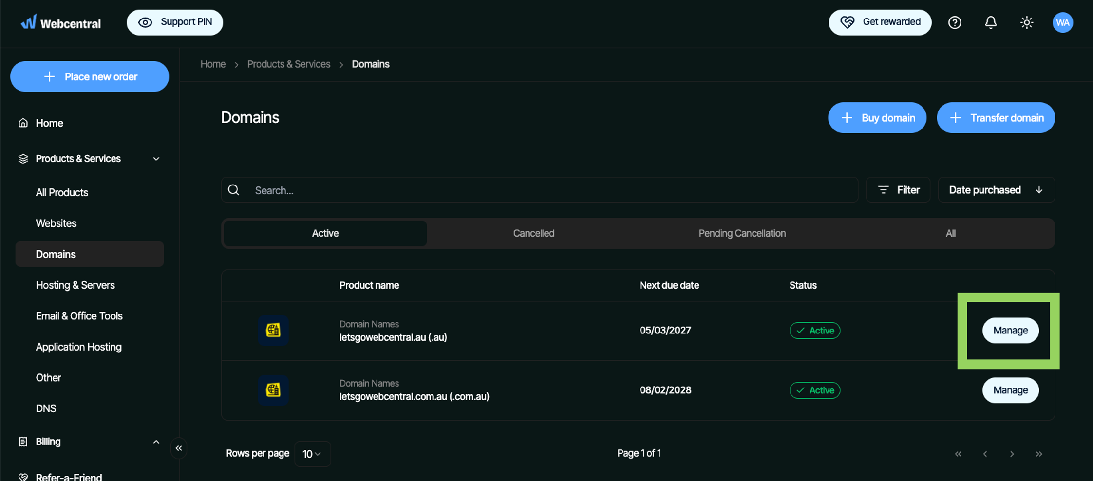 Domains list with the Manage button highlighted on the right of a domain row