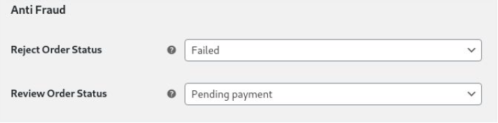 Tela de configuração do Antifraude