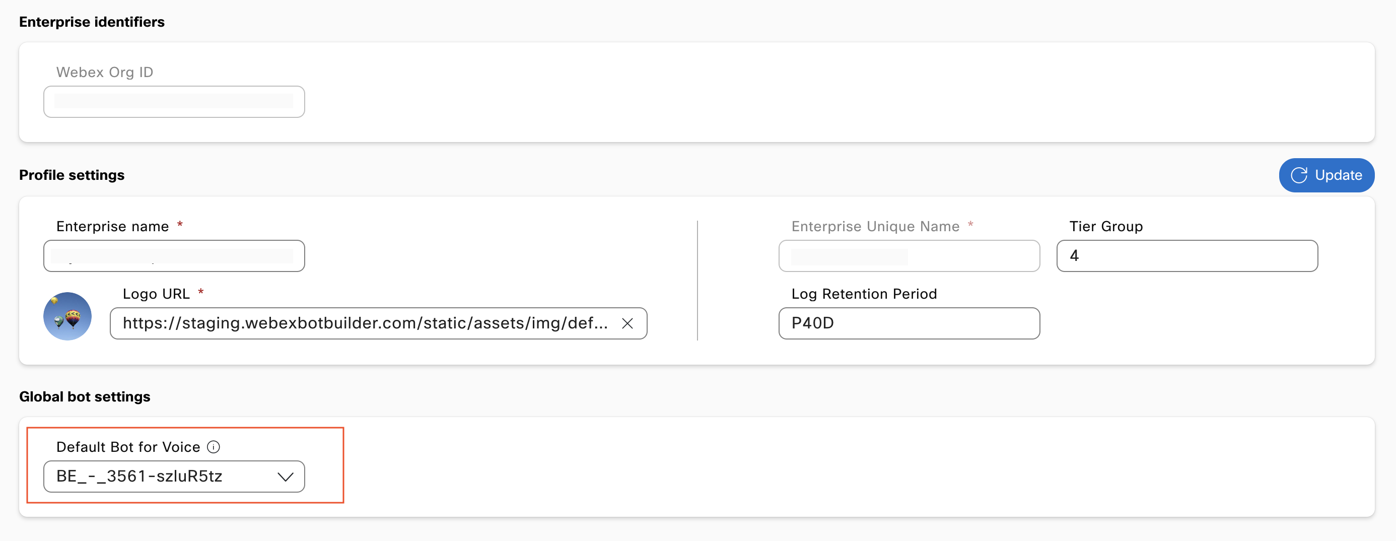 Enterprise profile for a WxCC tenant with the 'Default Bot for Voice' dropdown