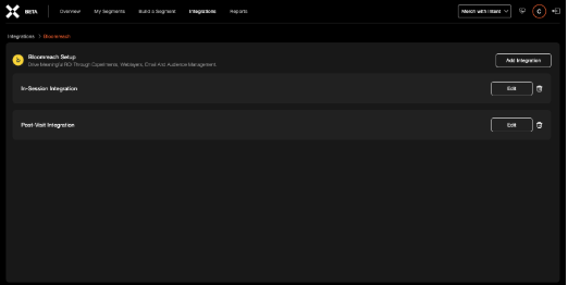 Bloomreach setup page in Intent showing In-Session and Post-Visit Integration options