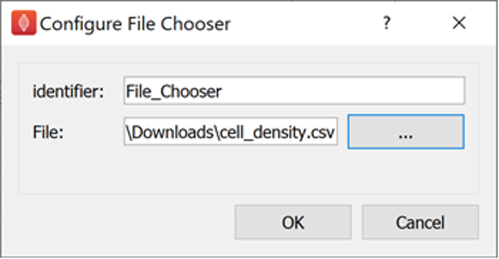 Figure 7. _File Chooser_ step configured to choose the cell_density.csv file saved in the Downloads directory