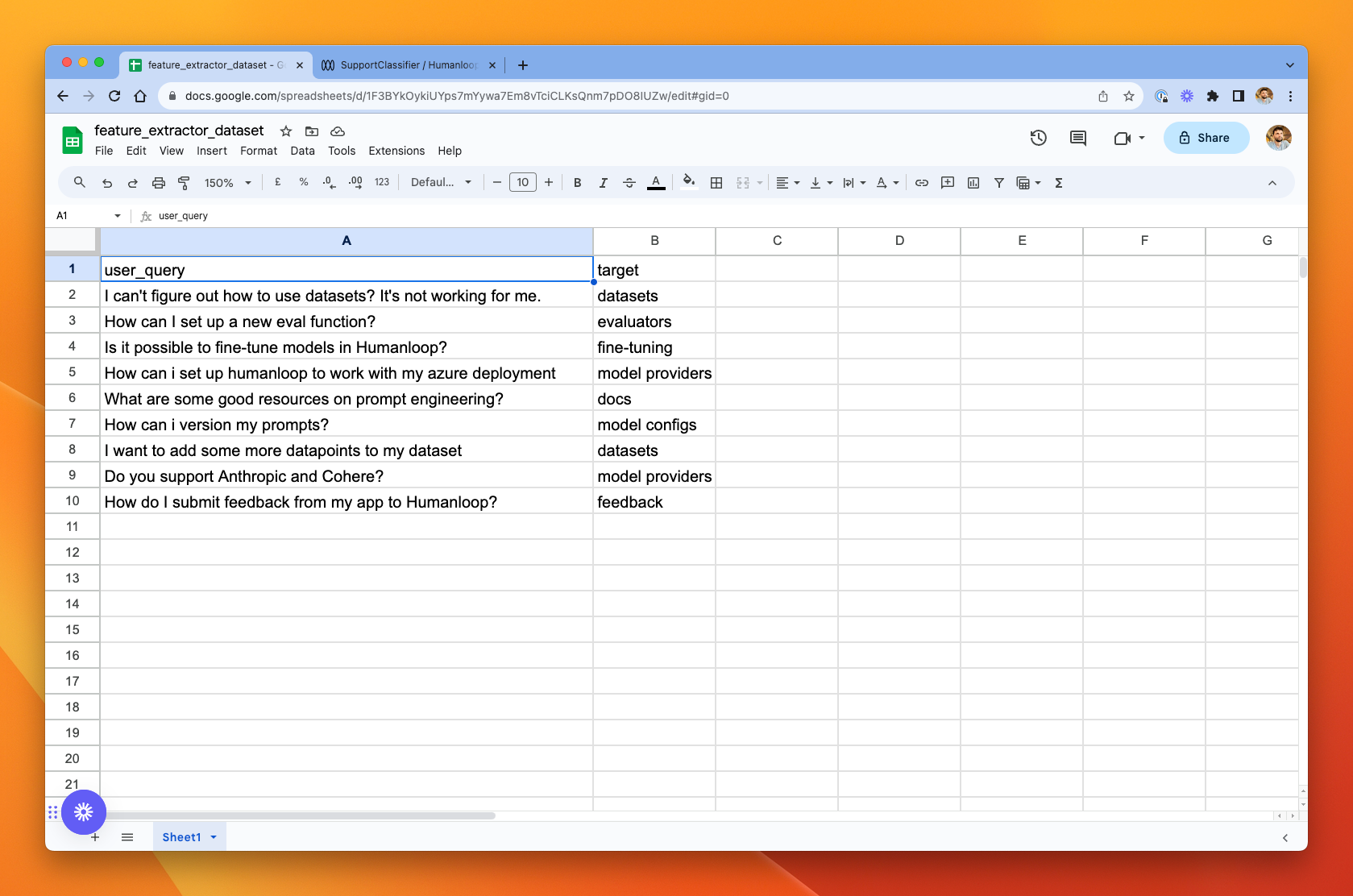 A CSV file in Google Sheets defining a collection of 9 datapoints.