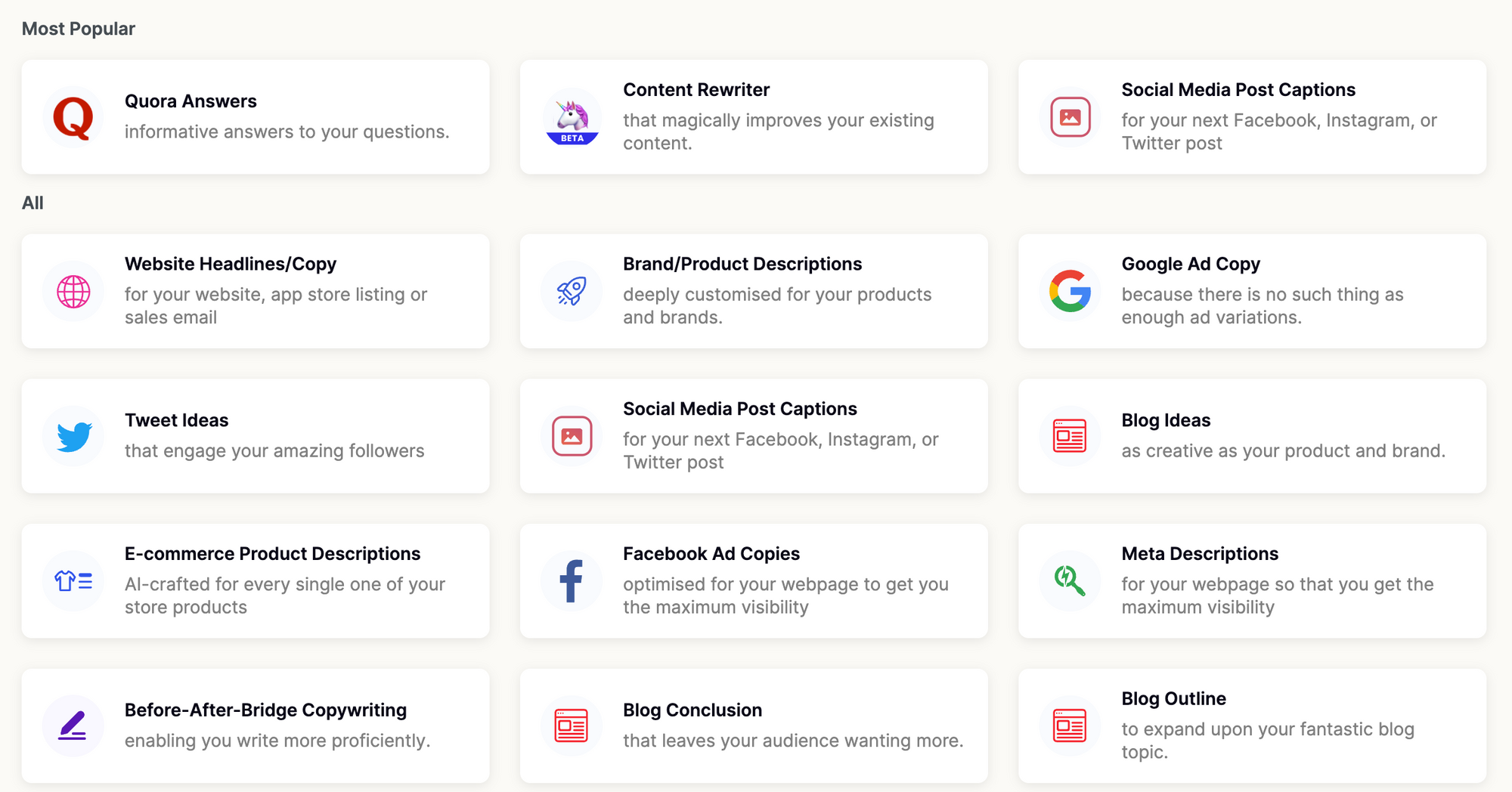 Screenshot from Peppertype AI Copywriting assistant, each of these ‘apps’ corresponds to a project within Humanloop for managing the best way to get generations from large language models.