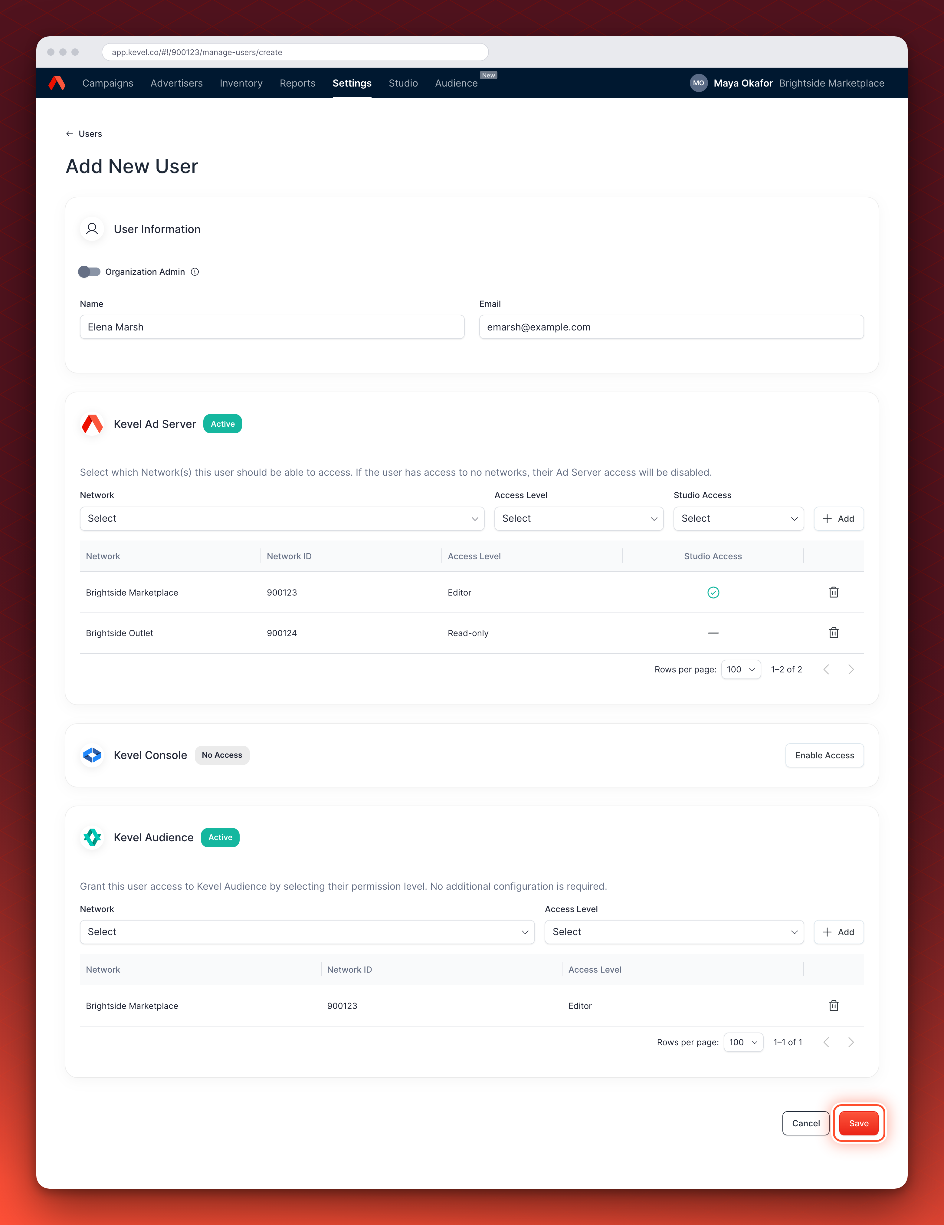 The Add New User page completed for a new user. Ad Server access is added on two networks, Audience access is added on one network, and the Save button is circled.