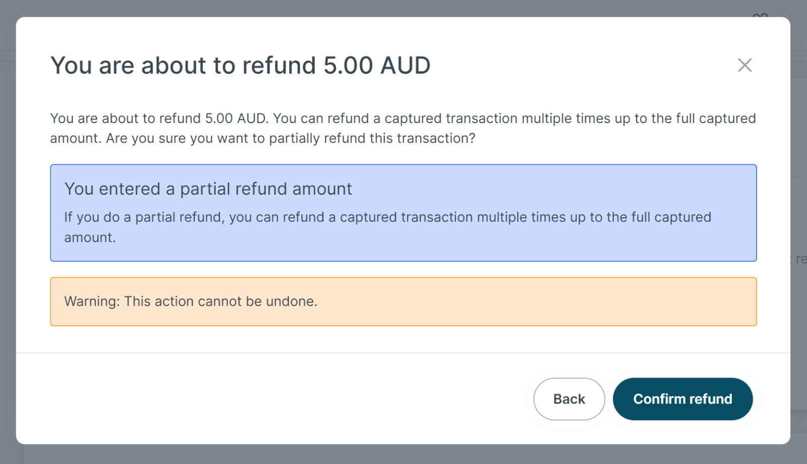 Refund transaction confirmation screen