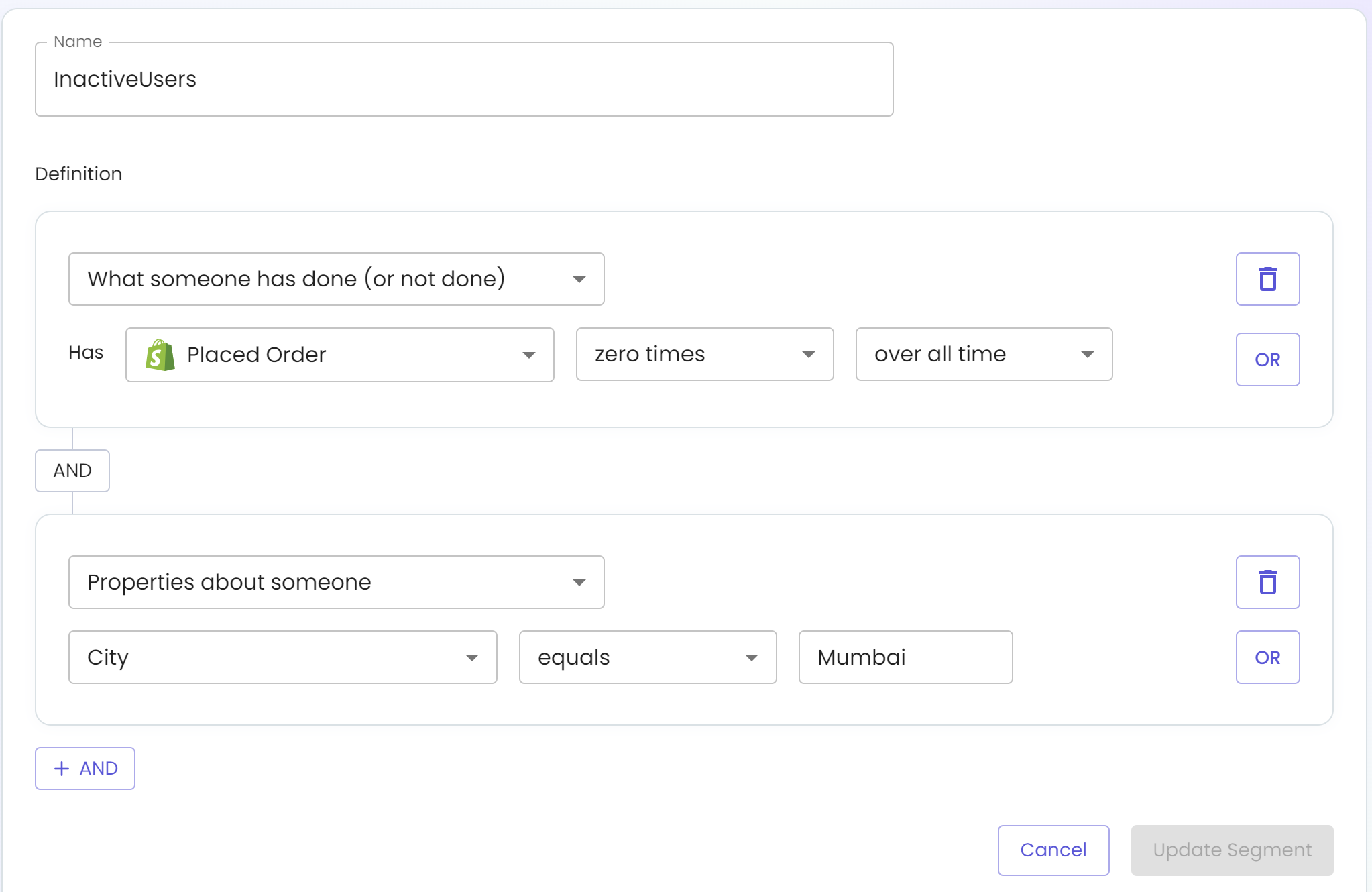 Adding conditions to create a segment