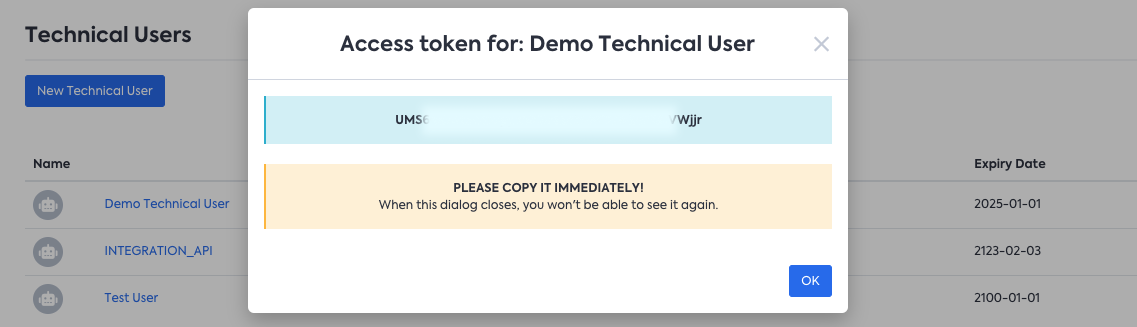 An API token is generated once you have created a Technical User