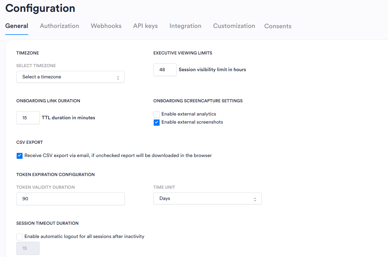 General tab of the Configuration page with Timezone, Onboarding, Token Expiration, Session Timeout, and CSV Export settings.