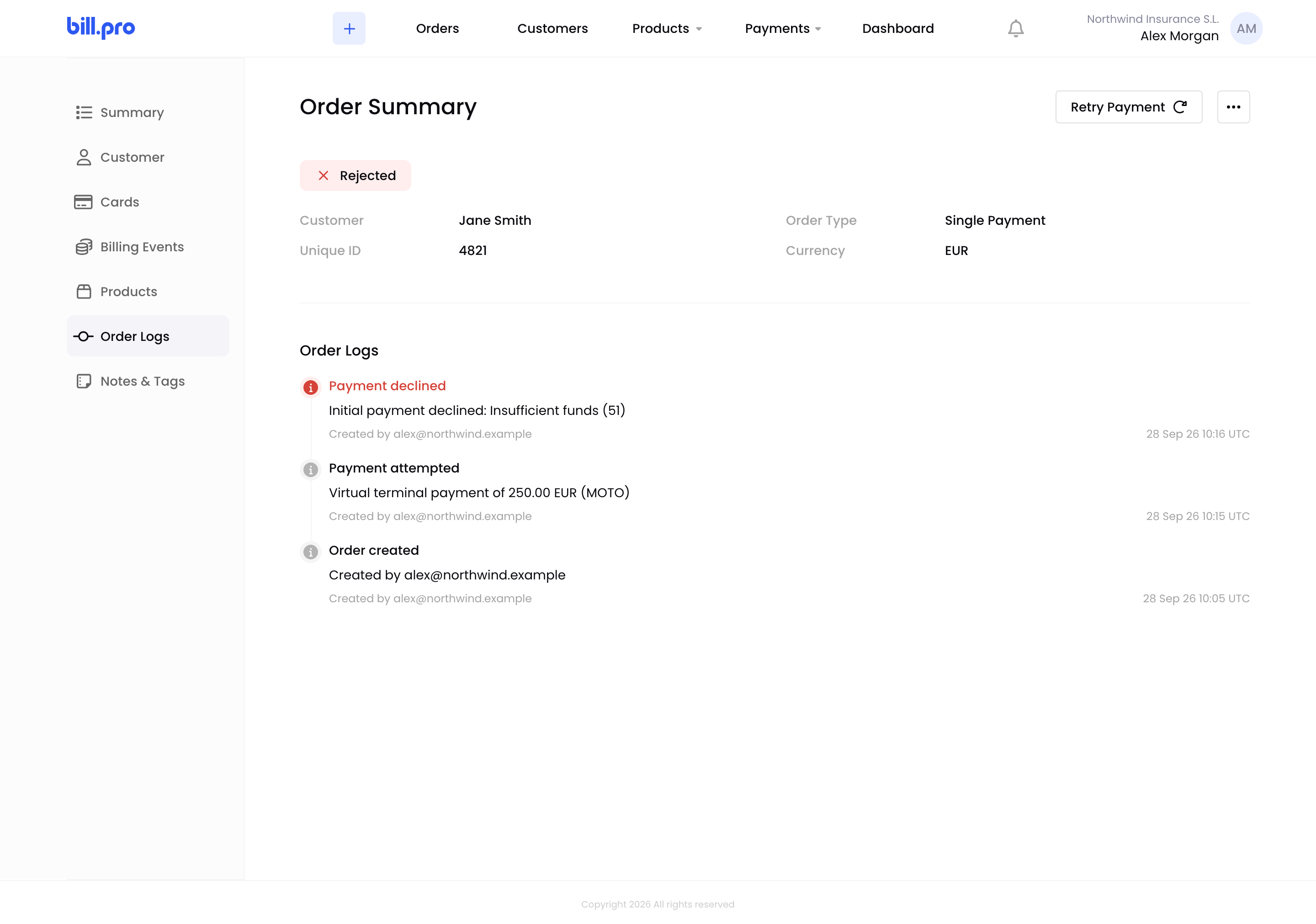 The order log of a rejected order