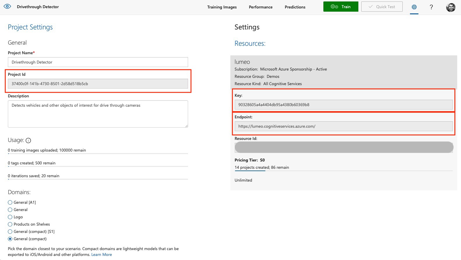 CustomVision.ai Project settings