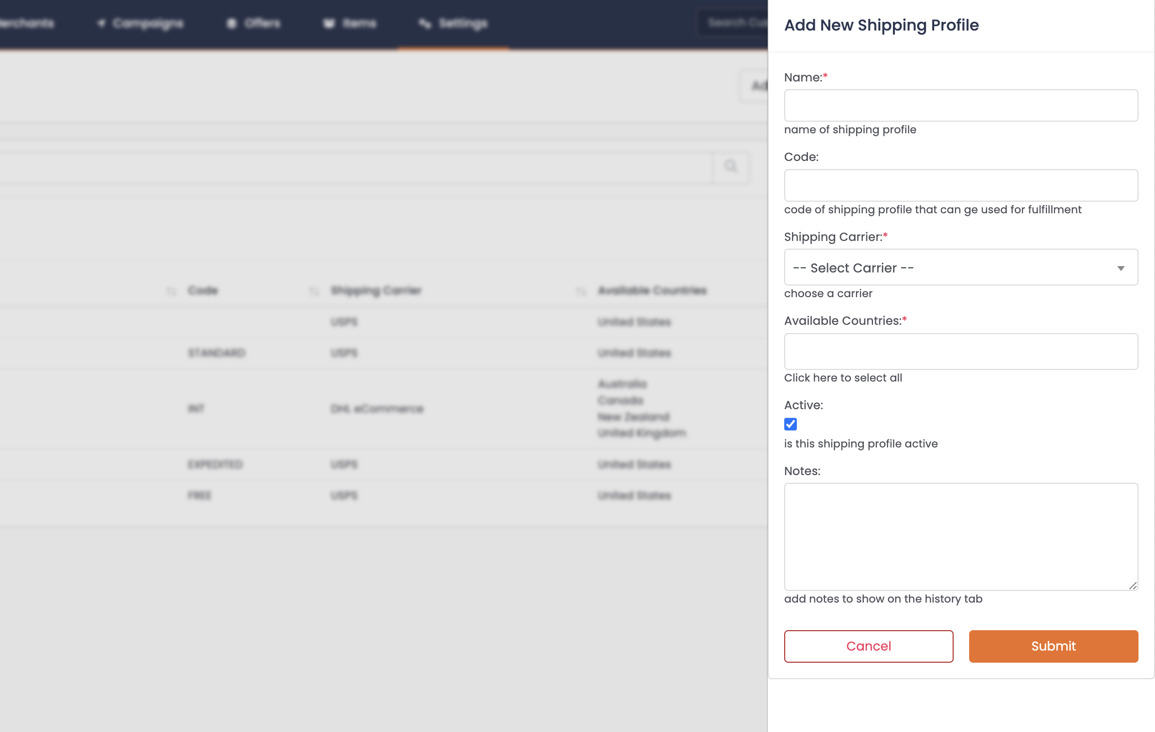 Adding a new Shipping Profile with country settings