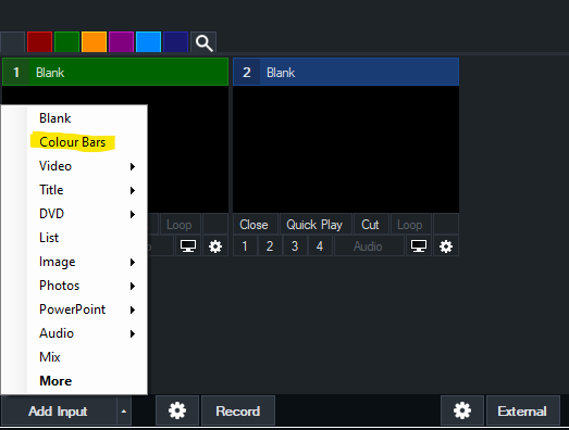 Note: The colour bars input are only an example. You can stream whatever input you like