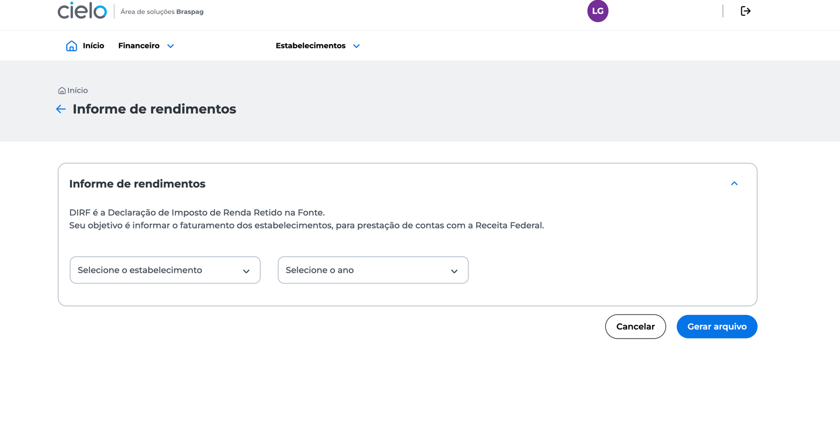 tela de informe de rendimentos