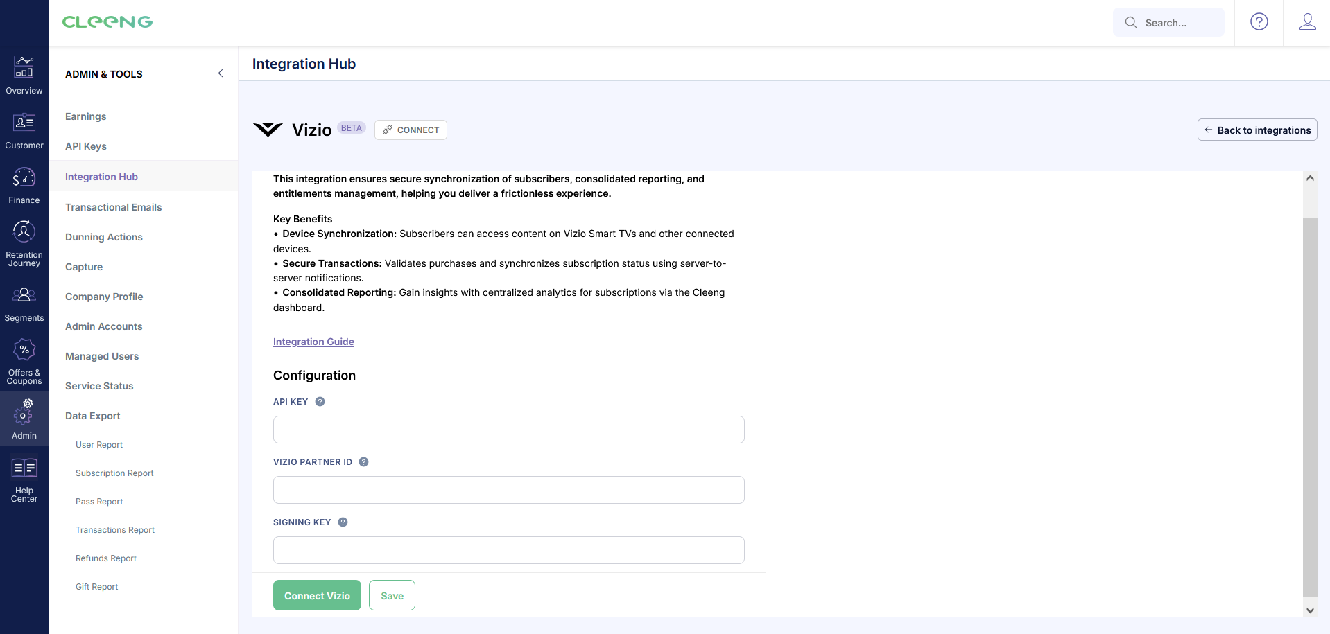 Cleeng Dashboard - Connecting Vizio