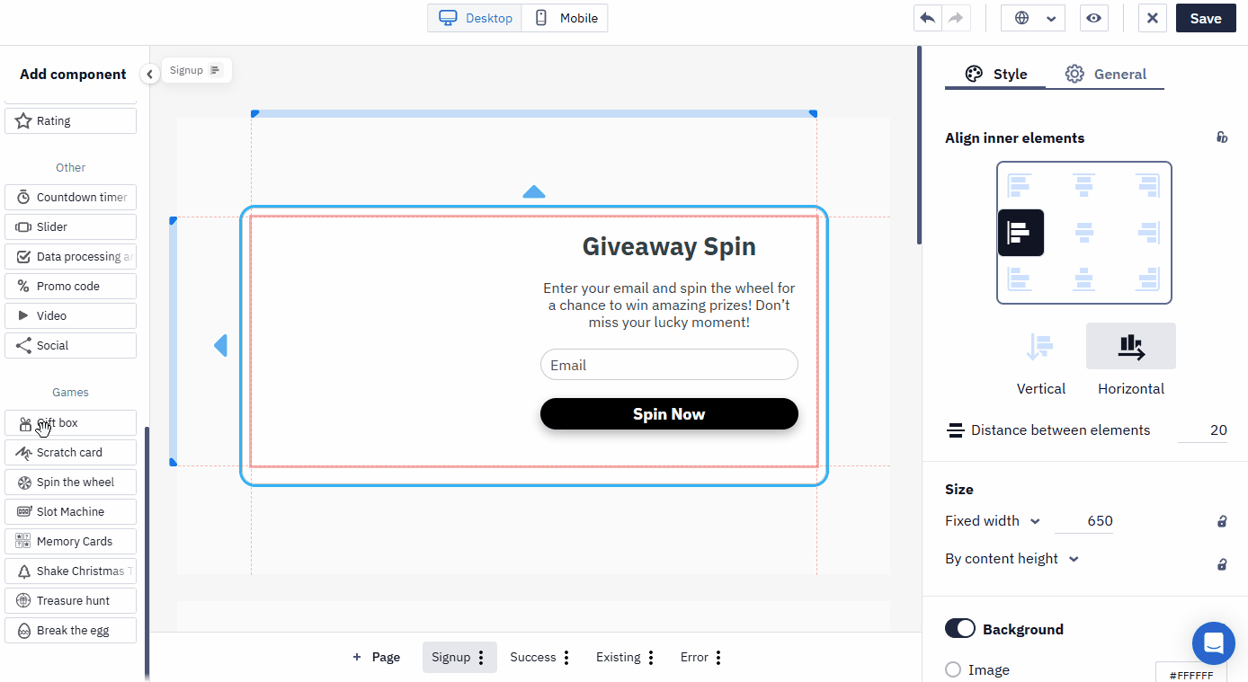 Widget editor showing a Giveaway Spin wheel element placed in the widget with the General settings tab open on the right