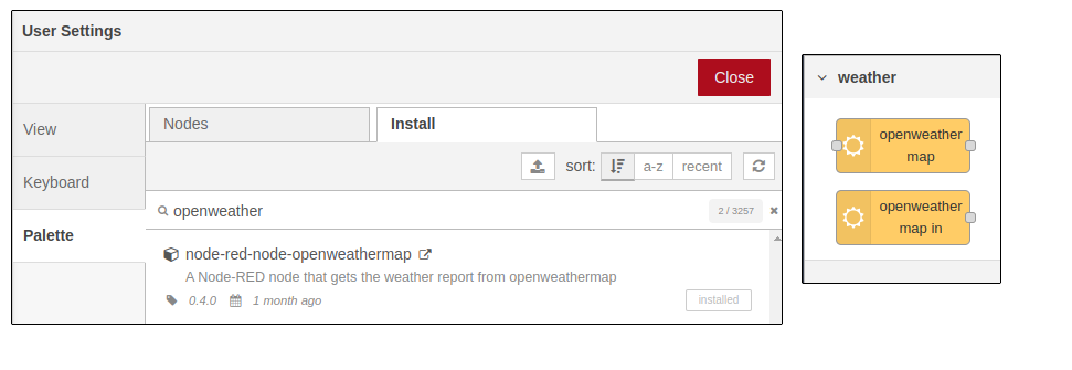 Install the node-red-openweathermap nodes from the palette.