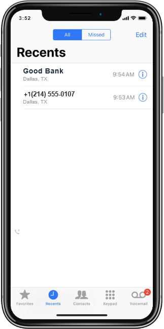 Call Log with an INFORM enabled call on iOS