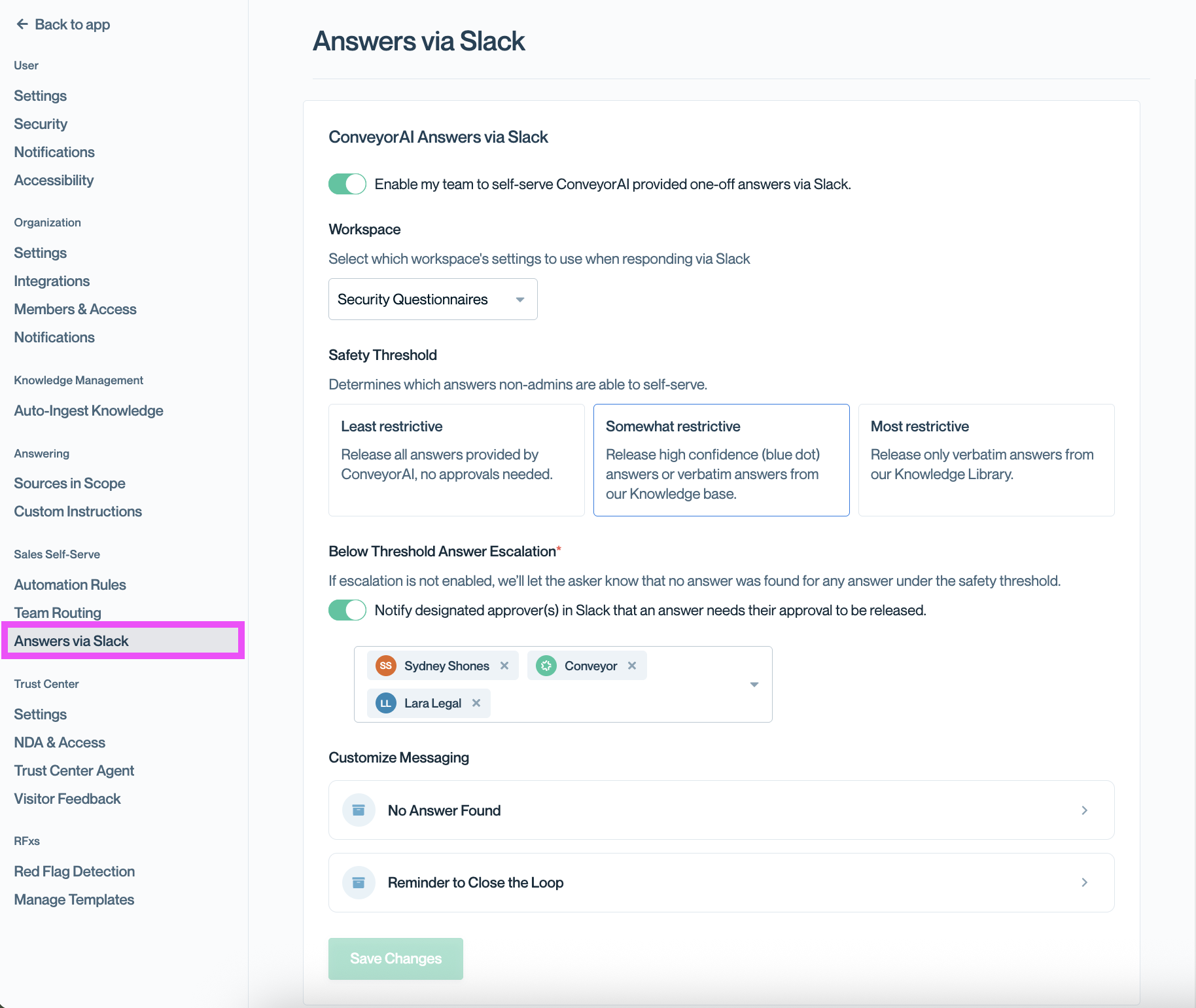 The Answers via Slack settings page in Conveyor showing the enable toggle, a Workspace selector, the Safety Threshold options, and Below Threshold Answer Escalation with designated approvers.