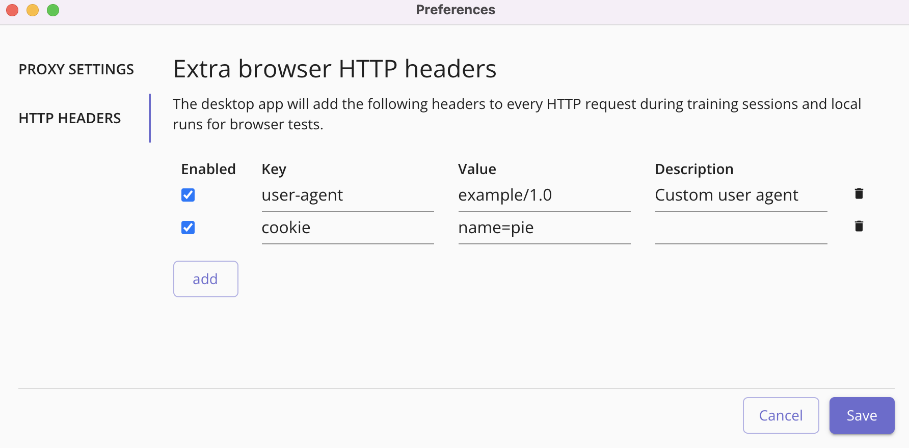 Custom HTTP headers in the Preferences menu