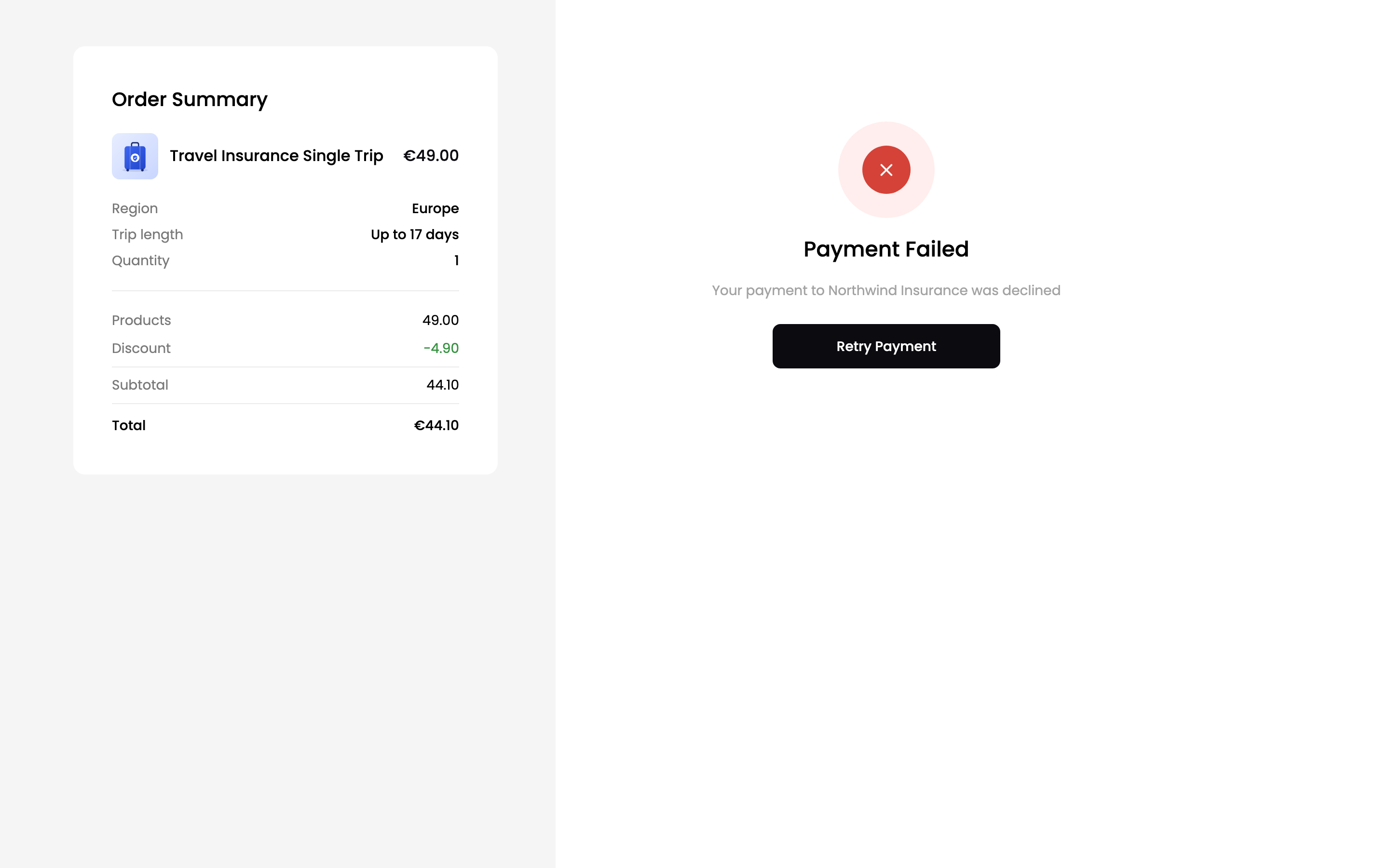 The Payment Failed screen with Retry Payment