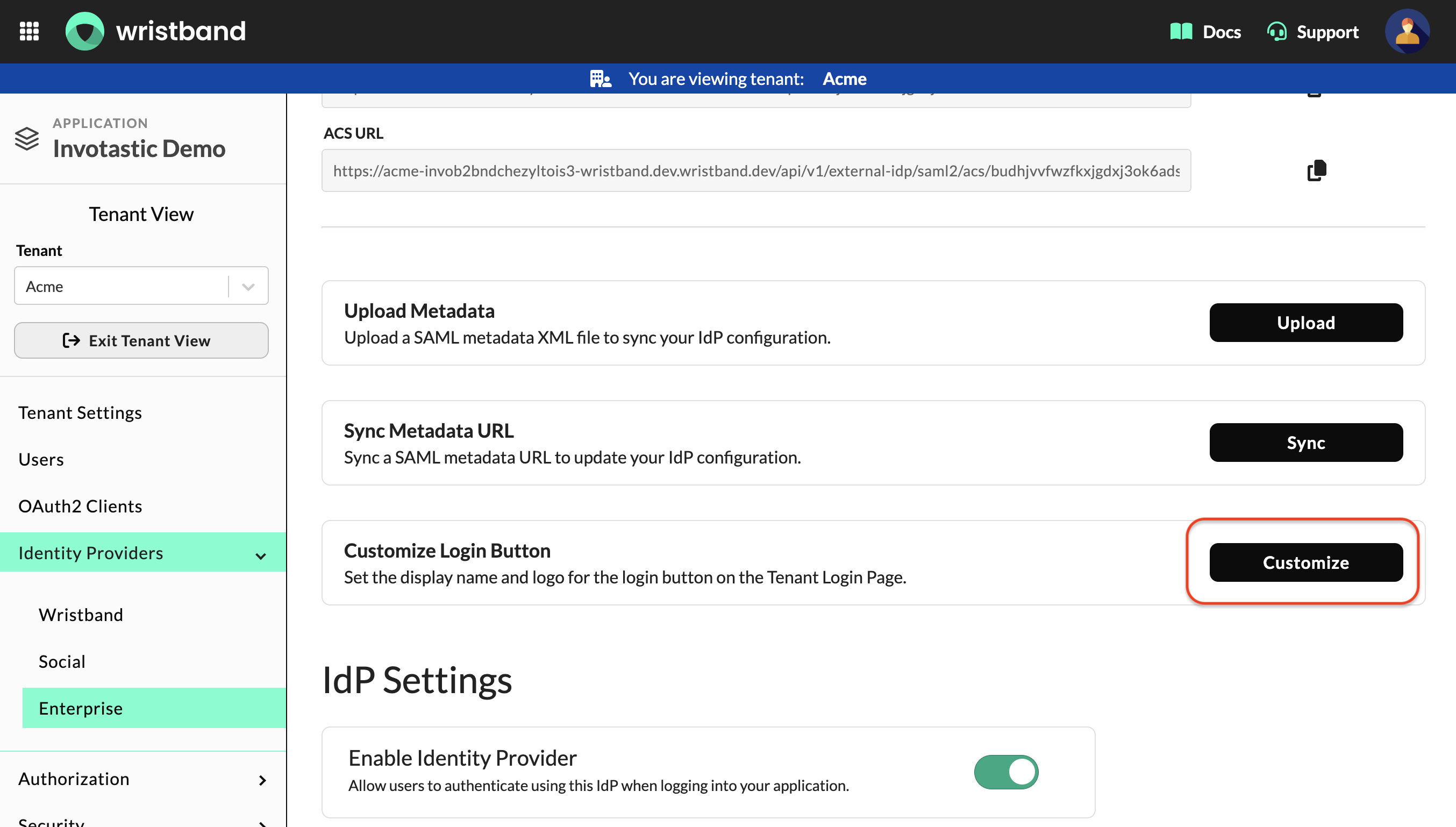 Wristband: IdP Settings page with the Customize button highlighted