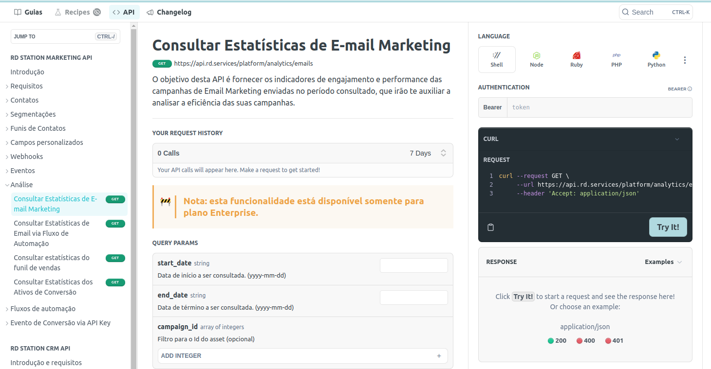 Imagem mostrando o uso da interface do portal de desenvolvedor para consultar estatísticas de e-mail marketing. Na imagem, mostra o novo filtro por asset - campo campaign_id.