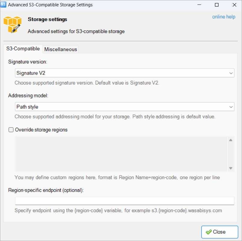 Screenshot of the advanced S3 storage settings