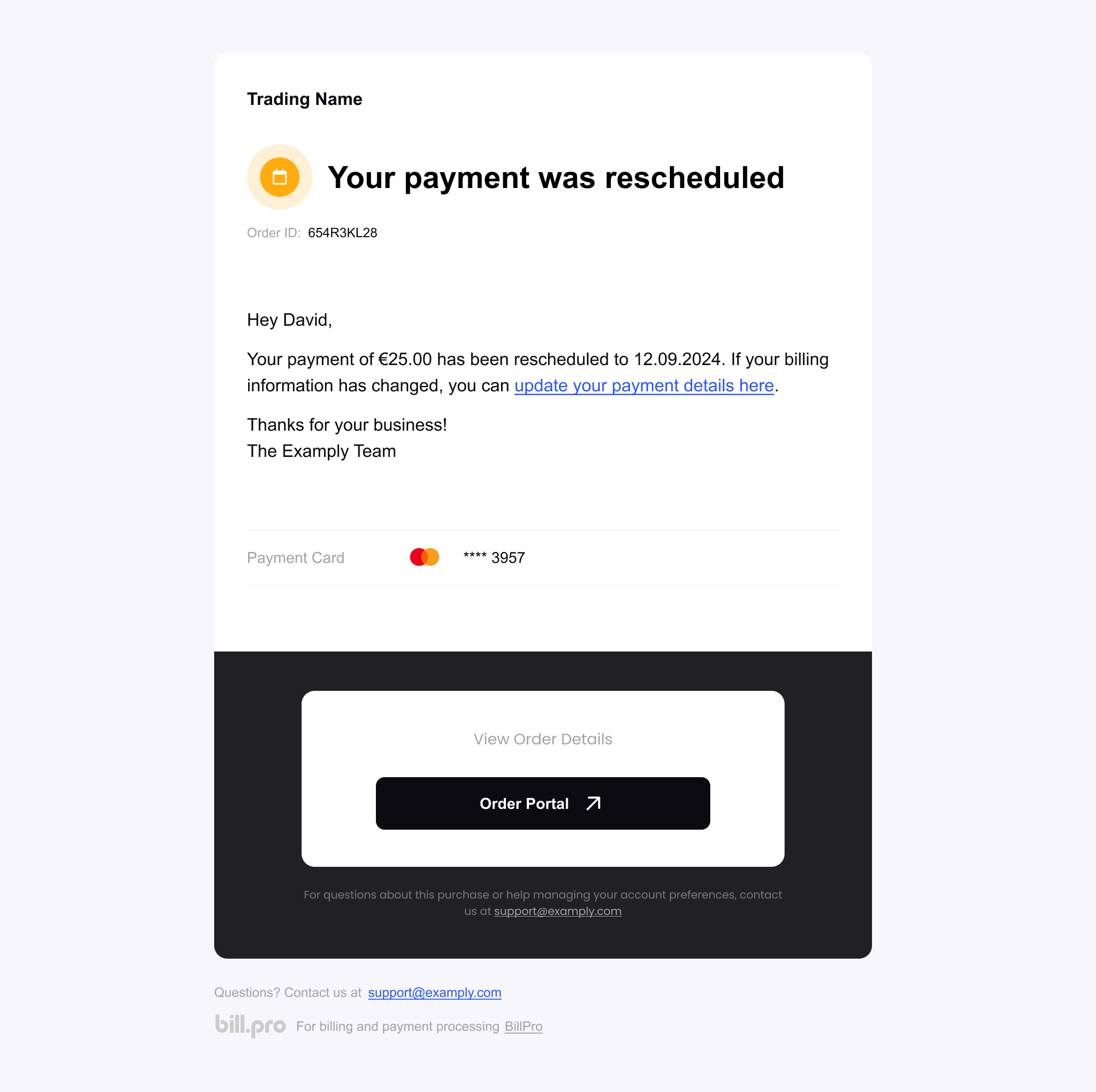 The payment rescheduled email