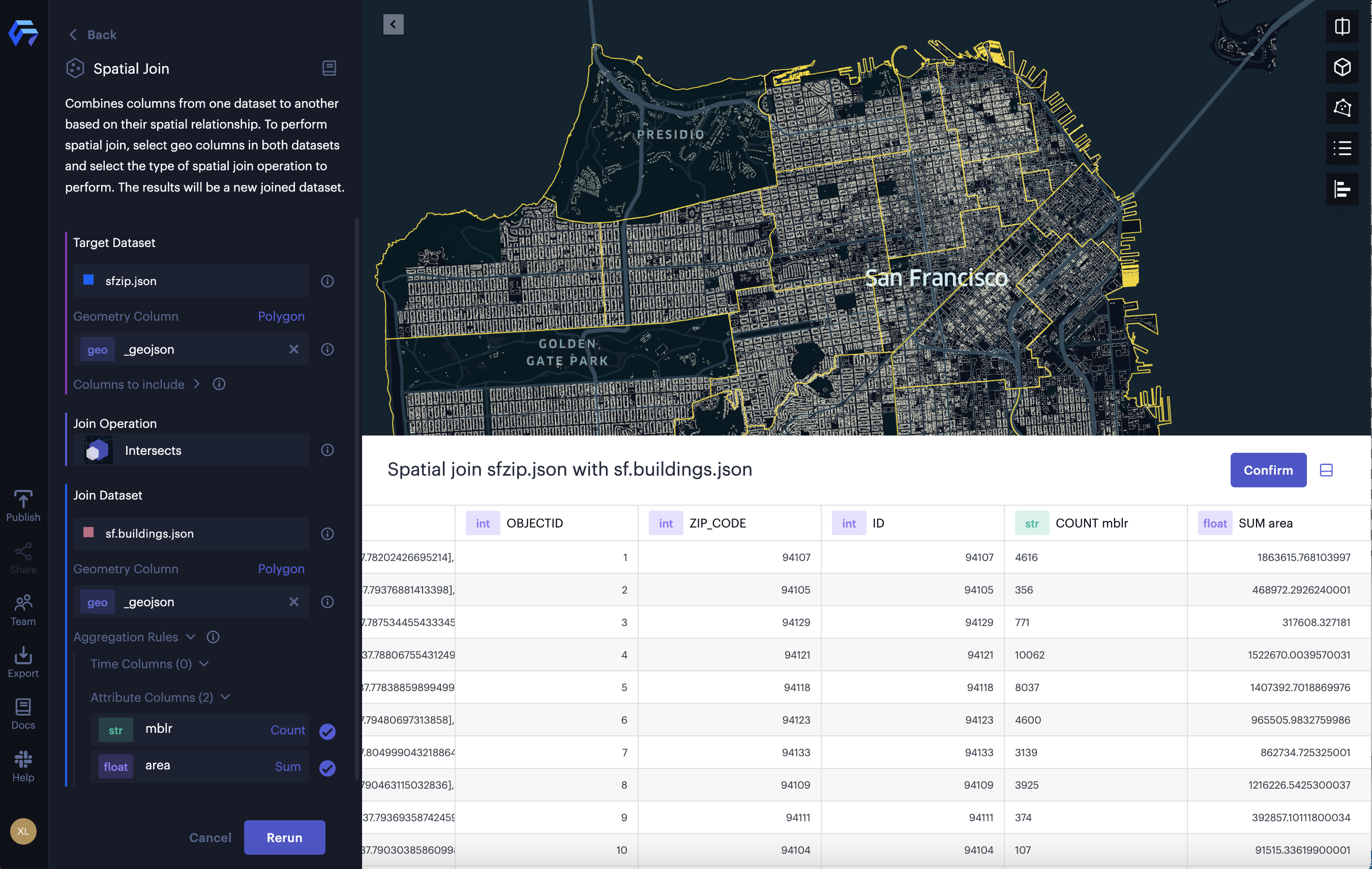Spatial join the building footprints with zip code area in San Francisco.