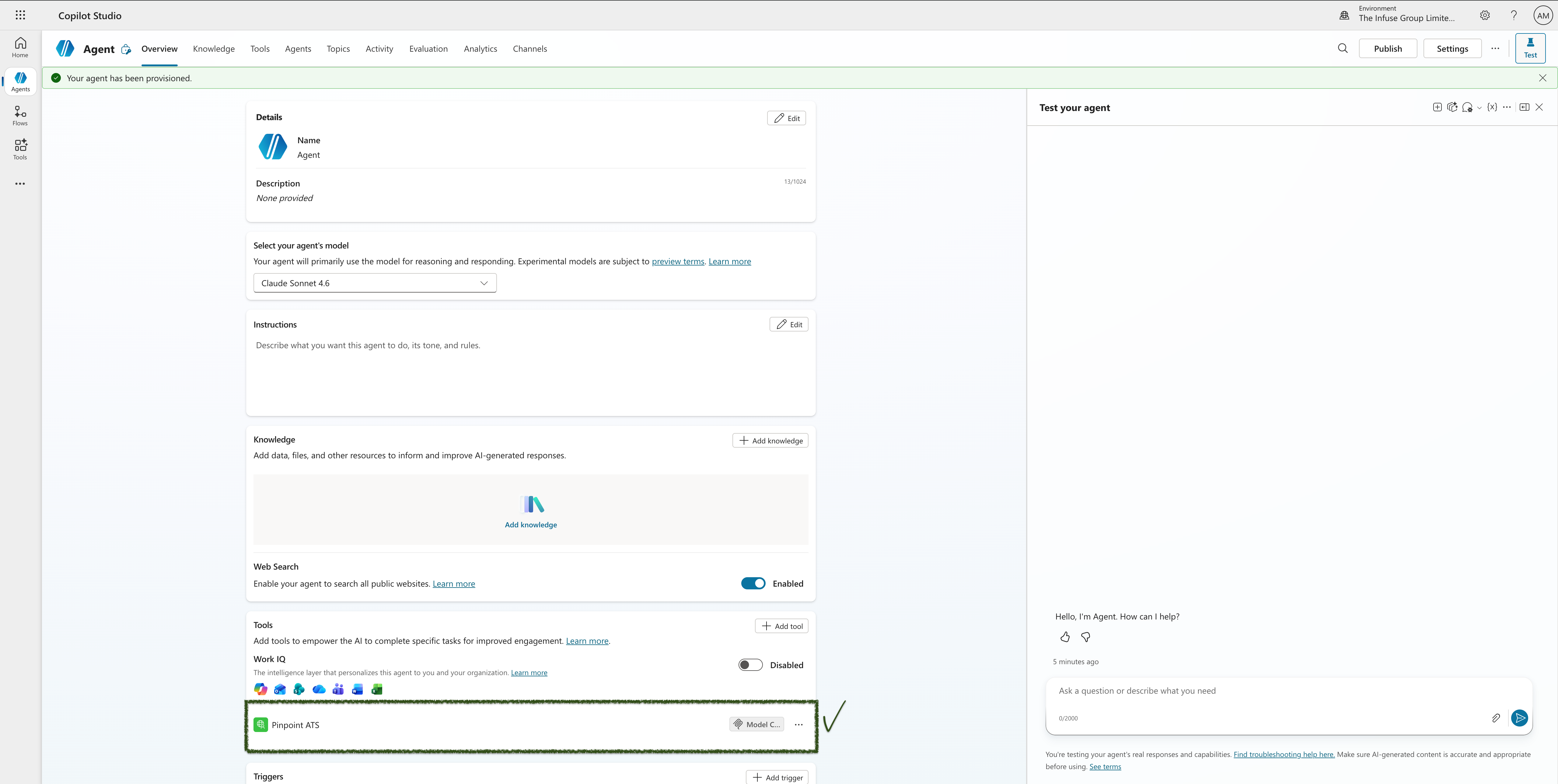 Step 9 – Pinpoint ATS tool visible in agent Tools section