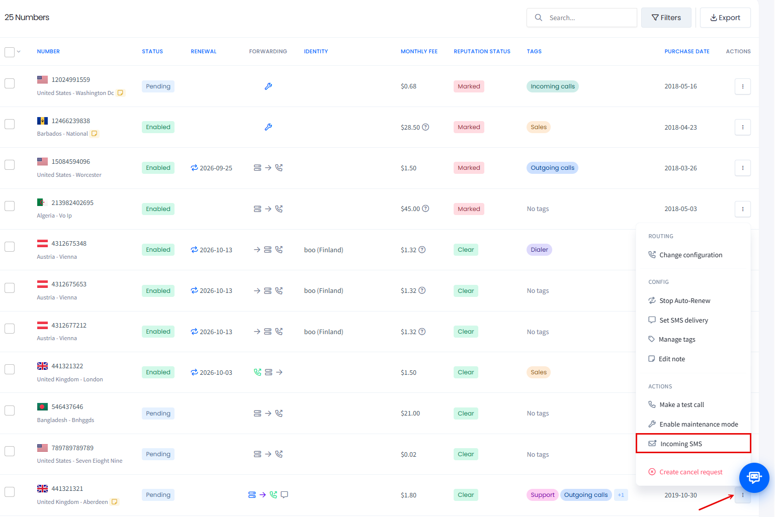 Screenshot of the Incoming SMS action