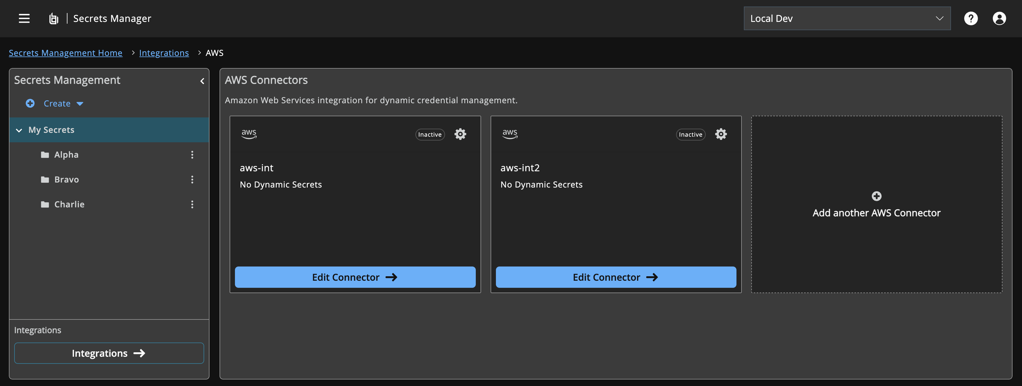 AWS connectors page showing connector cards with name, status badge, and dynamic secret count