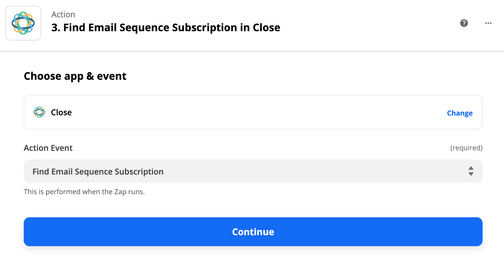 Find Email Sequence Subscription search step in Zapier