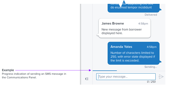 Progress indication of sending an SMS message in the Communication Panel.