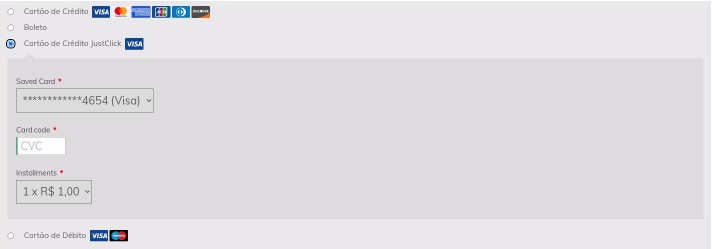 Visão final da configuração do metodo de pagamento do Cartão de Crédito JustClick