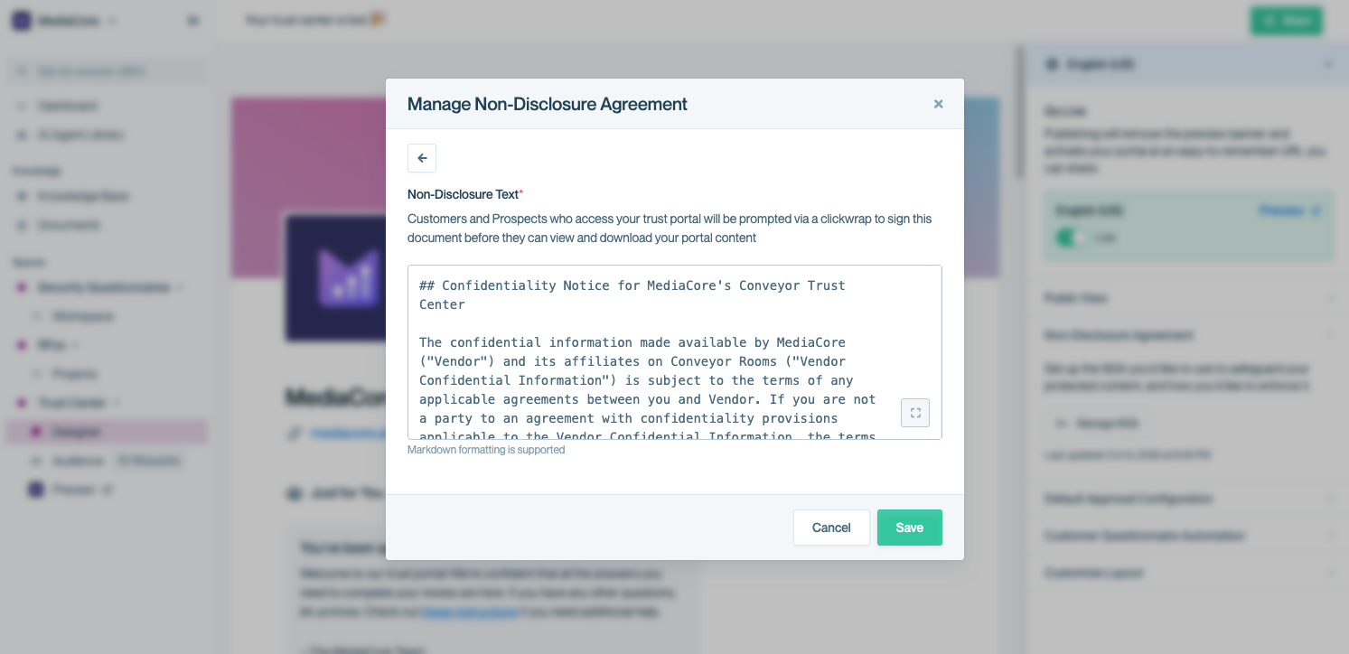 NDA configuration modal showing the Markdown editor for entering or pasting NDA text.