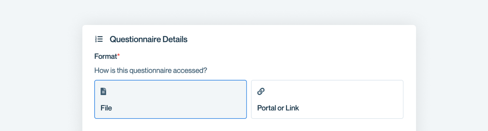 Format options for adding a questionnaire in Conveyor