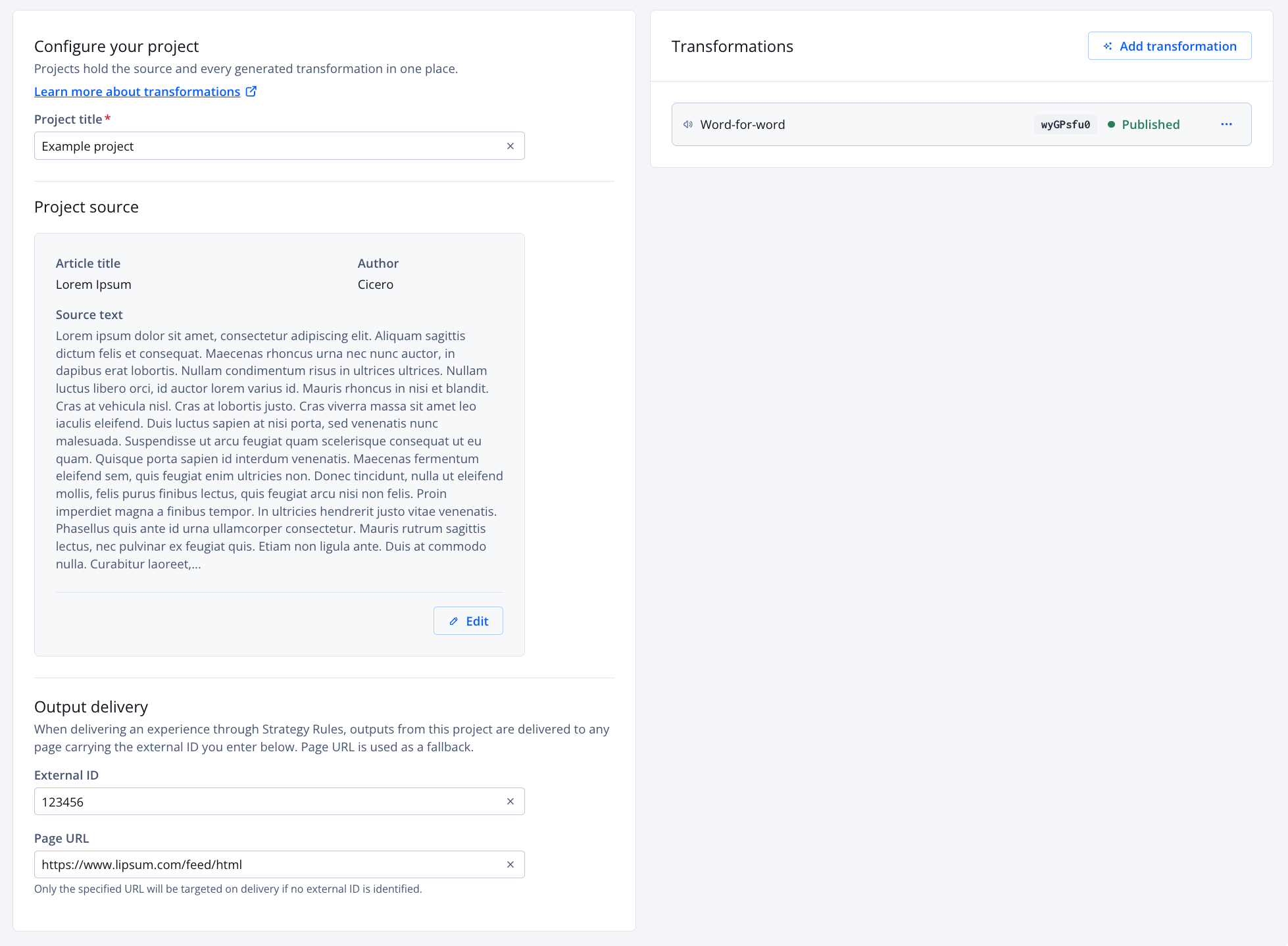 Project settings page