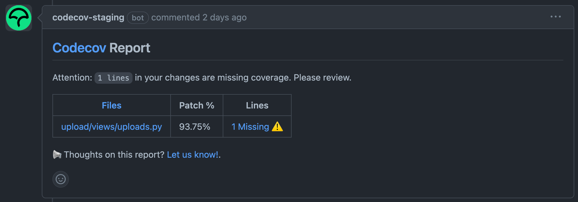 PR comment without coverage comparison, only git diff / patch coverage and missing lines of Code